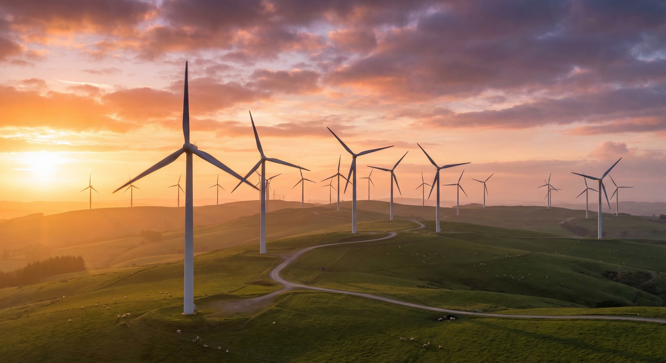 Wind turbines on green hills