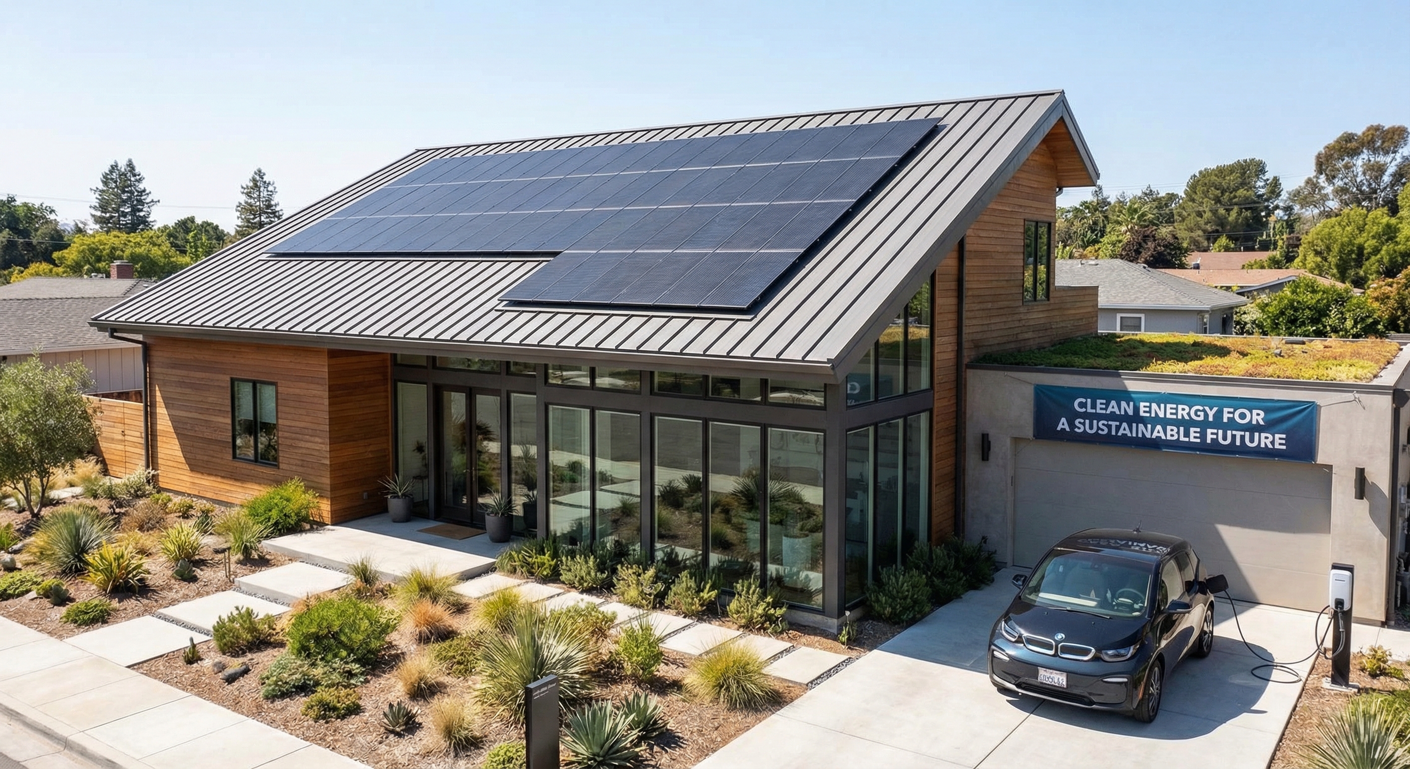 Solar panels on modern house roof